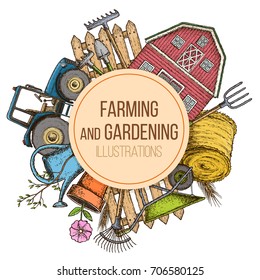 Set of farming equipment icons. Farming tools and agricultural machines decoration, sketch illustration. Vector