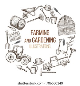 Set of farming equipment icons. Farming tools and agricultural machines decoration, sketch illustration. Vector