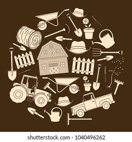 Set of farming equipment liine icons. Farming tools and agricultural machines decoration. Vector