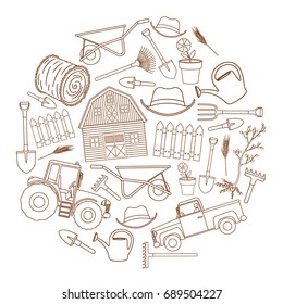 Set of farming equipment liine icons. Farming tools and agricultural machines decoration. Vector