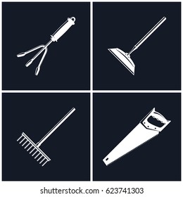 Set of Farming and Garden Tools , Icon Hand Rake and Draw Hoe , Icon Bow Rake and Rip Saw , Agricultural Equipment ,Black and White Vector Illustration 
