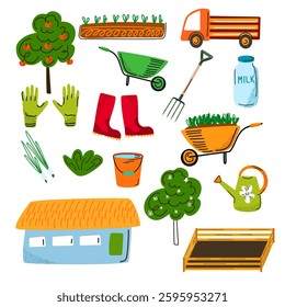 Set of farming and gardening elements and tools. Includes trees, plants, gloves, boots, watering can, house, animal pen, wheelbarrow, bucket, milk can, and truck. Perfect for rustic designs.