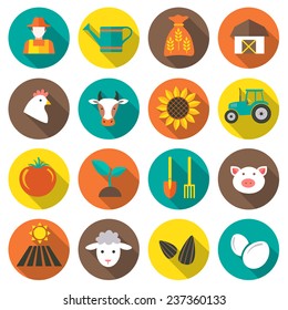 Set of farming harvesting and agriculture decorative icons set of animals plants tools isolated flat style icons in circles with long shadows. Vector illustration. 