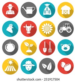 Set of farming harvesting and agriculture decorative icons, set of animals plants tools,  flat style icons in circles with long shadows. Vector illustration.