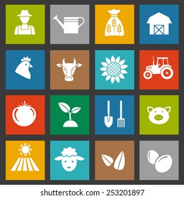 Set of farming harvesting and agriculture decorative icons set of animals plants tools  flat style icons. Vector illustration.
