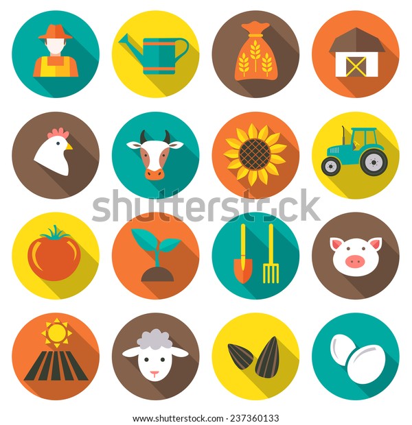Set of farming harvesting
and agriculture decorative icons set of animals plants tools
isolated flat style icons in circles with long shadows. Vector
illustration. 