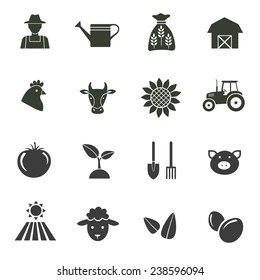 Set of farming harvesting and agriculture icons set of animals plants tools. Vector illustration. 