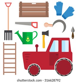 Set of farming harvesting and garden tools in flat style. Agriculture, harvest or farm decorative icons. Vector illustration.