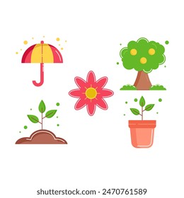 Conjunto de iconos de agricultura estilo plano Ilustración con paraguas, árbol, planta de suelo y maceta de planta aislado fondo blanco. 