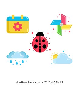 set of Farming icons style flat Illustration with calender, Pinwheel, rain, sun and Ladybug  isolated white background. 