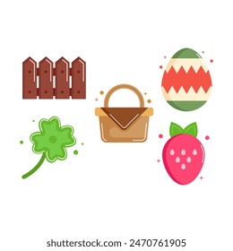 set of Farming icons style flat Illustration with Fence, basket, egg, strawberry and Clover isolated white background. 