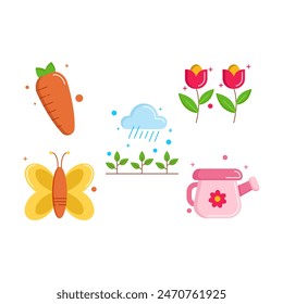 set of Farming icons style flat Illustration with carrot, rain, flower, Butterfly and Watering Can isolated white background. 