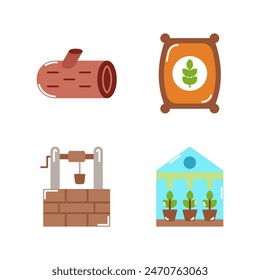 Set von Farmen-Ikonen Stil flache Illustration mit Holz, Samentasche, Wasserbrunnen und Gewächshaus isoliert weißen Hintergrund. 
