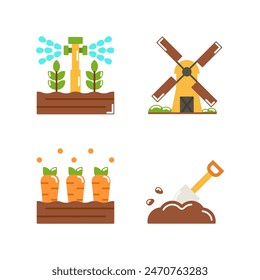 set of Farming icons style flat Illustration with Sprinkler, Windmill, Carrots land and Shovel  isolated white background. 
