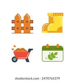 set of Farming icons style flat Illustration with Fence, Boot, Wheelbarrow and calender  isolated white background. 