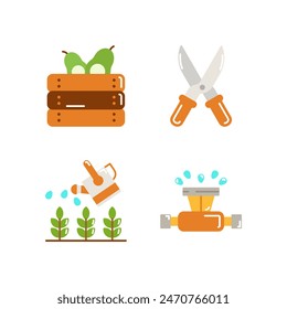 set of Farming icons style flat Illustration with Vegetables, Scissors, Watering Can, Sprinkler isolated white background. 