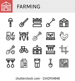 Set of farming icons. Such as Greenhouse, Hoe, Shovel, Hydroponic gardening, Tractor, Cow, Smart greenhouse, Hen, Seeder, Crop, Irrigation system, Milk, Planter , farming icons