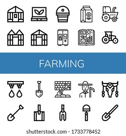 Set of farming icons. Such as Greenhouse, Smart greenhouse, Fertilizer, Milk, Agriculture, Tractor, Irrigation system, Shovel, Weeder, Farmer, Hoe, Cow , farming icons