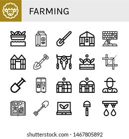 Set of farming icons such as Lamb, Hydroponic gardening, Milk, Shovel, Greenhouse, Cow, Crops, Crop, Farmer, Agriculture, Smart greenhouse, Hoe, Irrigation system , farming