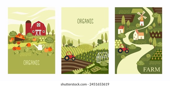 Set of farming illustrations. Organic food. Vegetable garden. Vector illustration