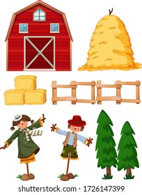 Set of farming items with barn and scarecrows illustration
