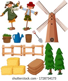 Set of farming items with scarecrows and windmill illustration