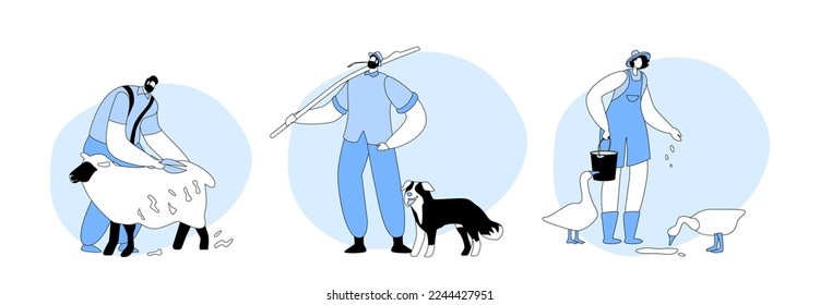 Establecer Trabajo Agrícola, Concepto De Ganadería. Personajes de agricultor macho y hembra alimentan aves de corral, ovejas cortantes, pastores con perros. Gente trabajando con ganado y aves en Rancho. Ilustración del vector de dibujos animados