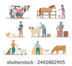 Set of farming people characters. Farmers workers, shepherd, beekeeper, milkmaid caring for livestock animals. Agricultural scenes isolated on white background. Vector illustration.