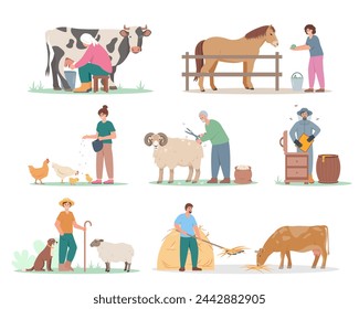 Conjunto de personajes de la gente de la agricultura. Trabajadores agrícolas, pastores, apicultores, lecheras que cuidan animales de ganado. Escenas agrícolas aisladas sobre fondo blanco. Ilustración vectorial.