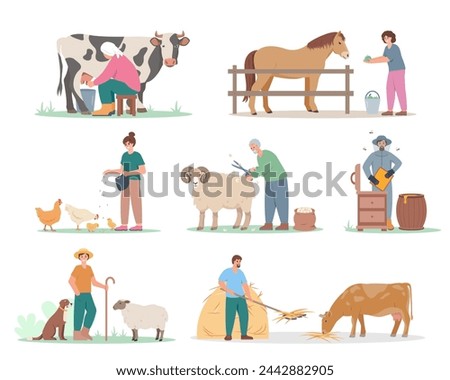 Set of farming people characters. Farmers workers, shepherd, beekeeper, milkmaid caring for livestock animals. Agricultural scenes isolated on white background. Vector illustration.