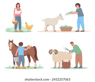 Grupo de campesinos que cuidan de animales domésticos de granja. Trabajadores agrícolas con gallinas, cabras, caballos y ovejas. Escenas agrícolas aisladas sobre fondo blanco. Ilustración vectorial.