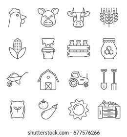 Set of farming Related Vector Line Icons. Includes such icons as tractor, village, gardening, livestock, wheat