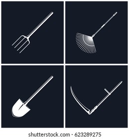 Set of Farming Tools on Black Background ,Icons Shovel and Scythe , Fork and Leaf Rake , Agricultural Equipment , Black and White Vector Illustration