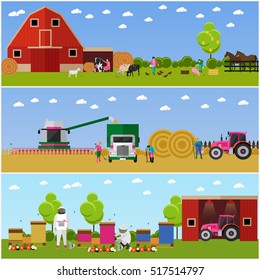 Set of farming, wheat harvesting, beekeeping concept banners. People working on farm, field, apiary. Agricultural machinery. Vector illustration in flat style.