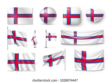 Set Faroe Island flags, banners, banners, symbols, flat icon. Vector illustration of collection of national symbols on various objects and state signs