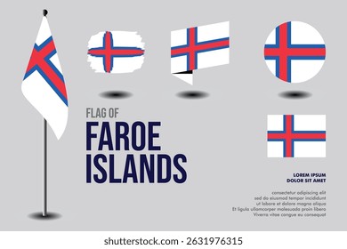 Set of Faroe Islands flag in 5 designs: flag on pole, brush stroke, skew, round and standard. vector, flat, isolated on grey background. Perfect for various design projects
