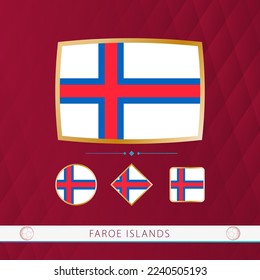 Set of Faroe Islands flags with gold frame for use at sporting events on a burgundy abstract background. Vector collection of flags.
