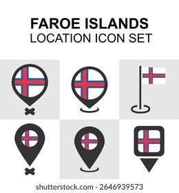 A set of Faroe Islands location markers featuring the national flag in map pin designs for navigation, geography, and travel-related graphics.