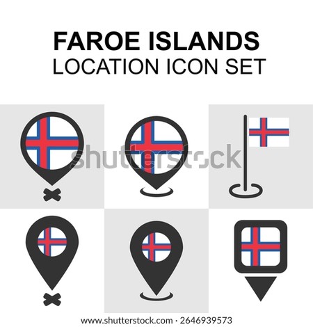 A set of Faroe Islands location markers featuring the national flag in map pin designs for navigation, geography, and travel-related graphics.