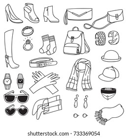 Set of fashion accessories doodle isolated on white background