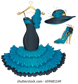 Set of fashion accessories with evening dress, hat and shoes with heels. Vector illustration isolated on white background