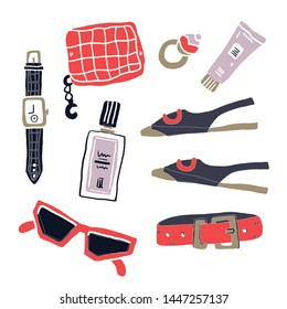 Set of fashion accessories flatlay. Woman items and accessories. Bag, clutch, cosmetics, perfume, ring, shoes, belt, sunglasses, hand watch on white background. Fashion vector illustration. - Vector