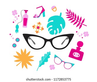 Set with fashion accessories. Glasses, dress, swimsuit, beads, scarf, bag, perfume, tropical leaves, shoes, brooch, clips, ring. Vector illustration
