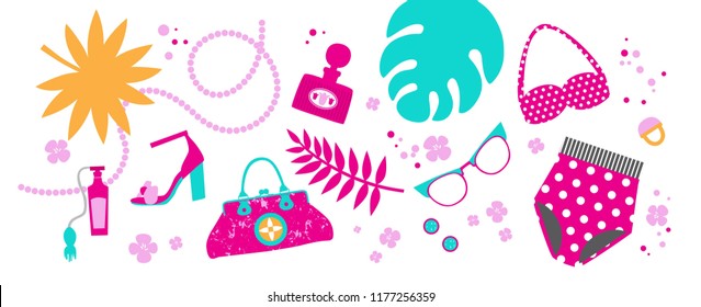 Set with fashion accessories. Glasses, dress, swimsuit, beads, scarf, bag, perfume, tropical leaves, shoes, brooch, clips, ring. For Summer Sale banner, poster. Vector illustration