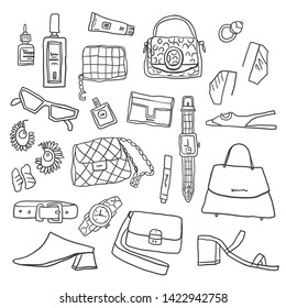 Set of fashion accessories. Outline woman items and accessories. Collection of bags, shoes, high heels, sun glasses, earrings, watch and cosmetics on white background. Vector illustration. - Vector