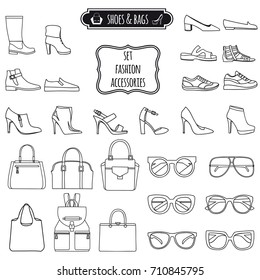 Set of fashion accessories. Shoes, bags, glasses. Ideal for  a fashion blog, sales, logo and graphic designs.