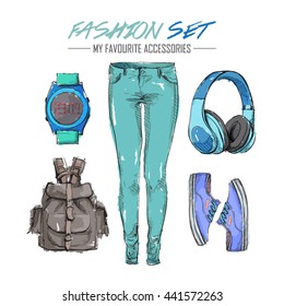 Set of fashion accessories. Sketch style. Vector collection.