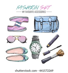 Set of fashion accessories. Sketch style. Vector collection.