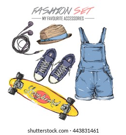 Set of fashion accessories. Sketch style. Vector collection.