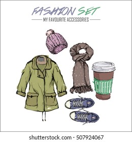 Set of fashion accessories. Sketch style. Vector collection.